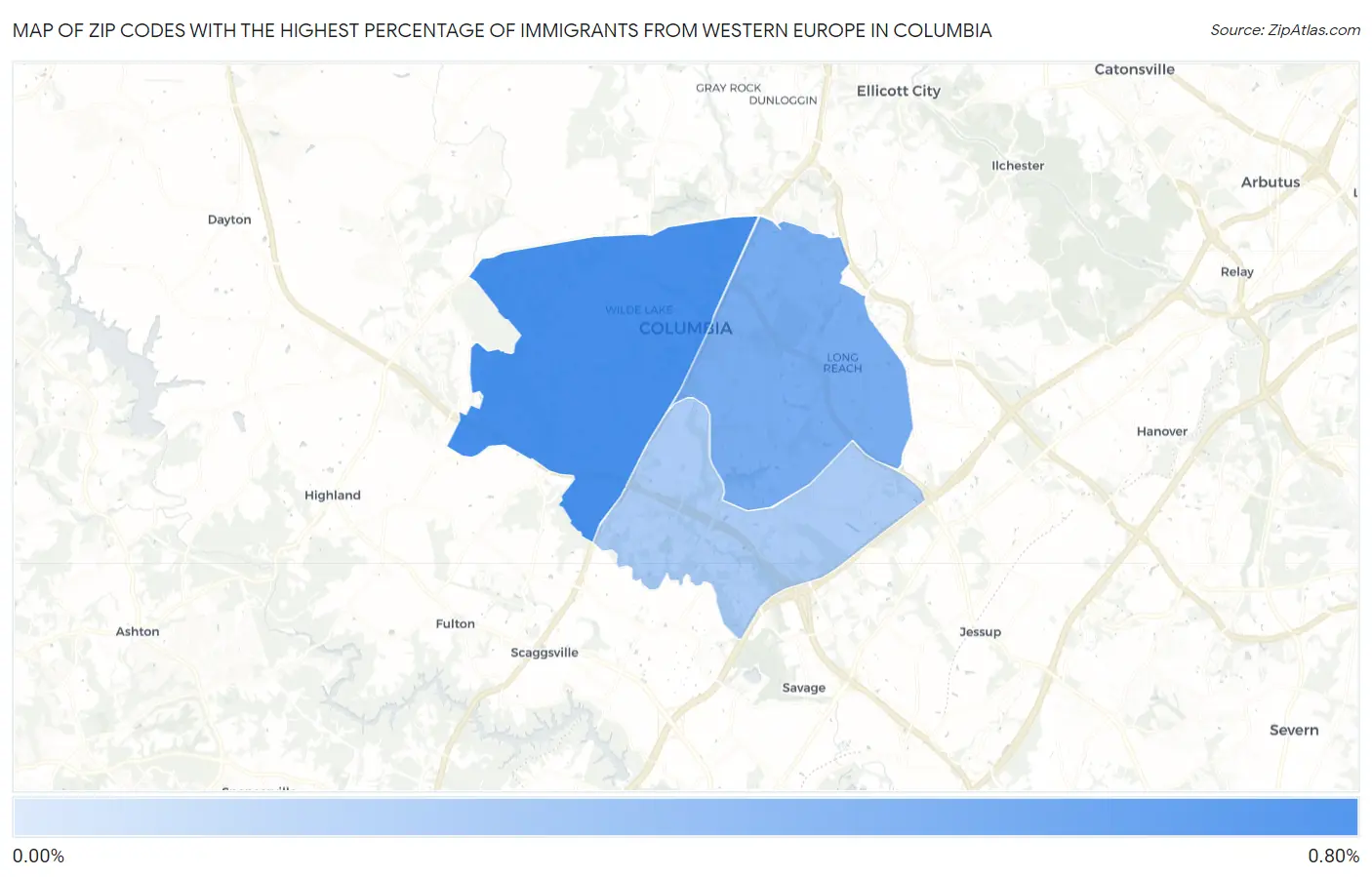 Zip Codes with the Highest Percentage of Immigrants from Western Europe in Columbia Map