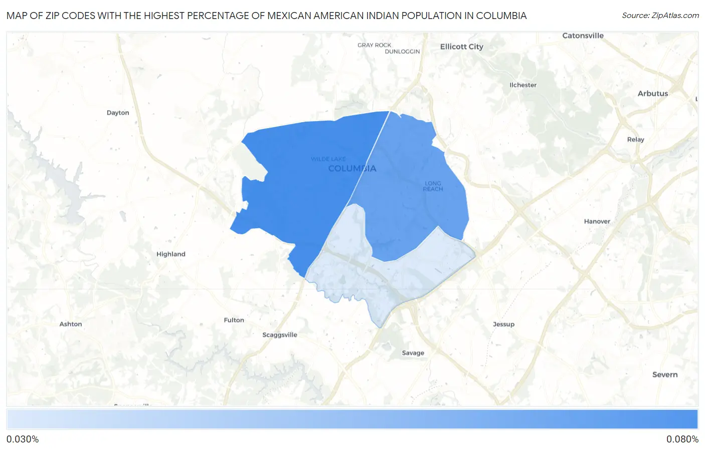 Zip Codes with the Highest Percentage of Mexican American Indian Population in Columbia Map