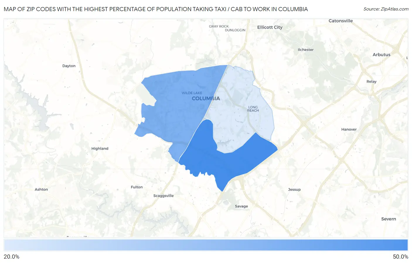 Zip Codes with the Highest Percentage of Population Taking Taxi / Cab to Work in Columbia Map