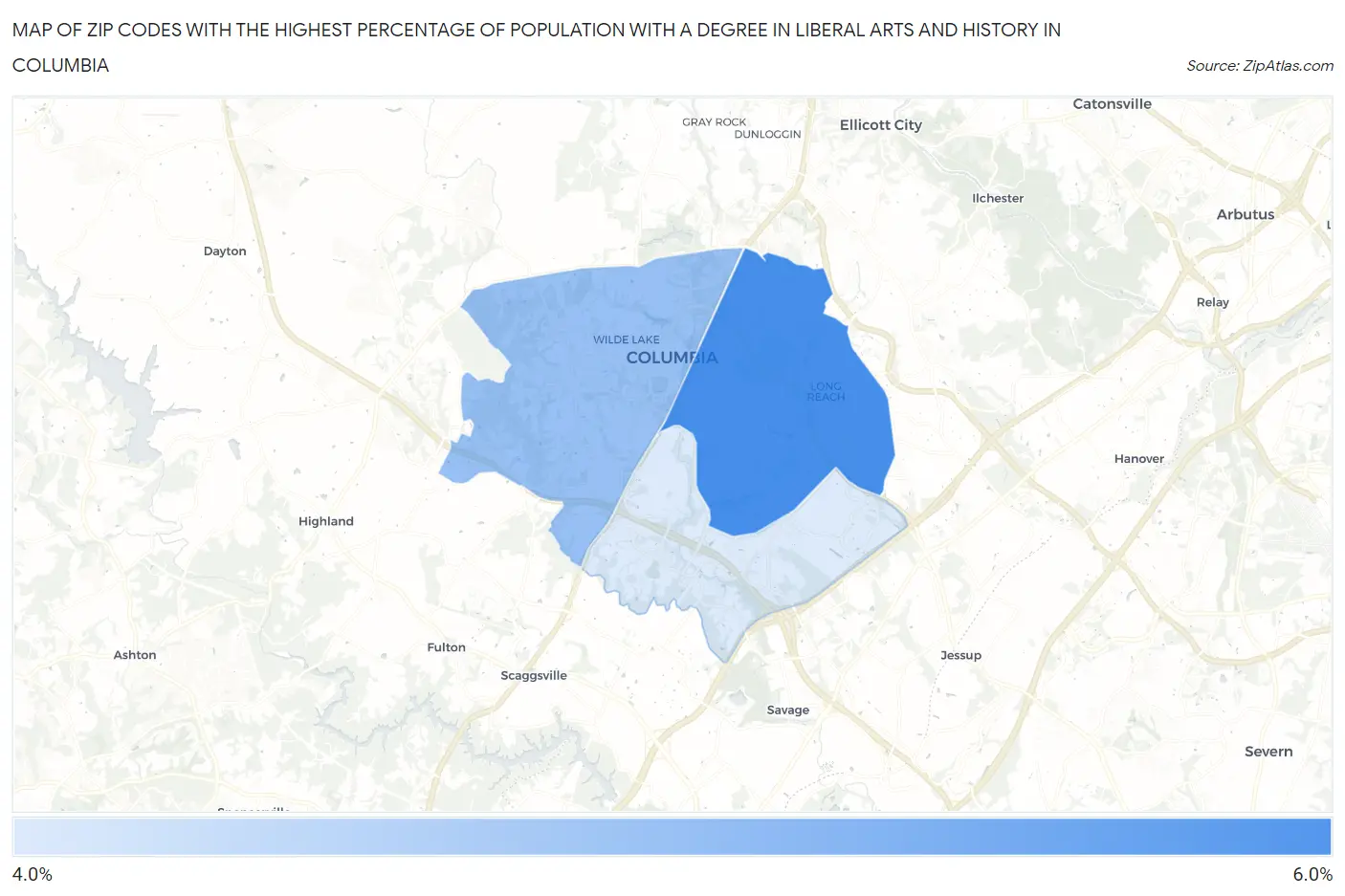 Zip Codes with the Highest Percentage of Population with a Degree in Liberal Arts and History in Columbia Map
