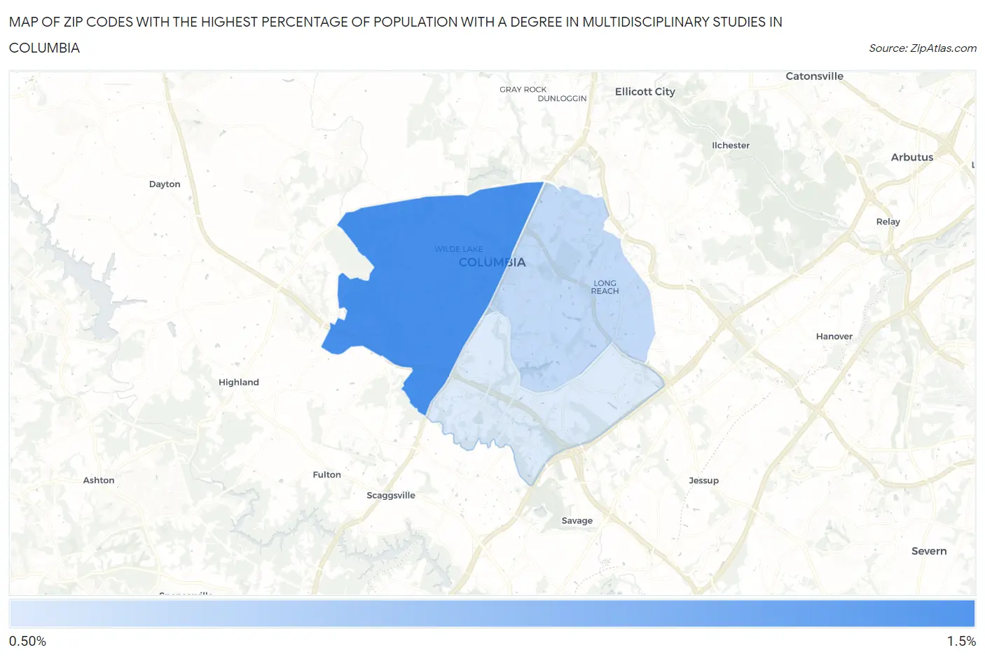 Zip Codes with the Highest Percentage of Population with a Degree in Multidisciplinary Studies in Columbia Map