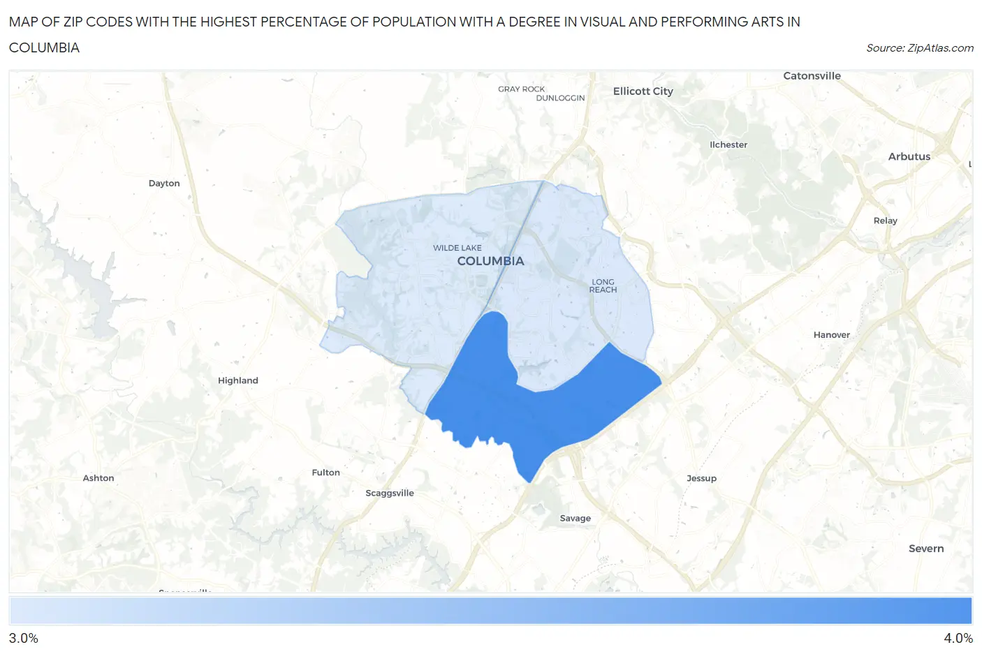 Zip Codes with the Highest Percentage of Population with a Degree in Visual and Performing Arts in Columbia Map