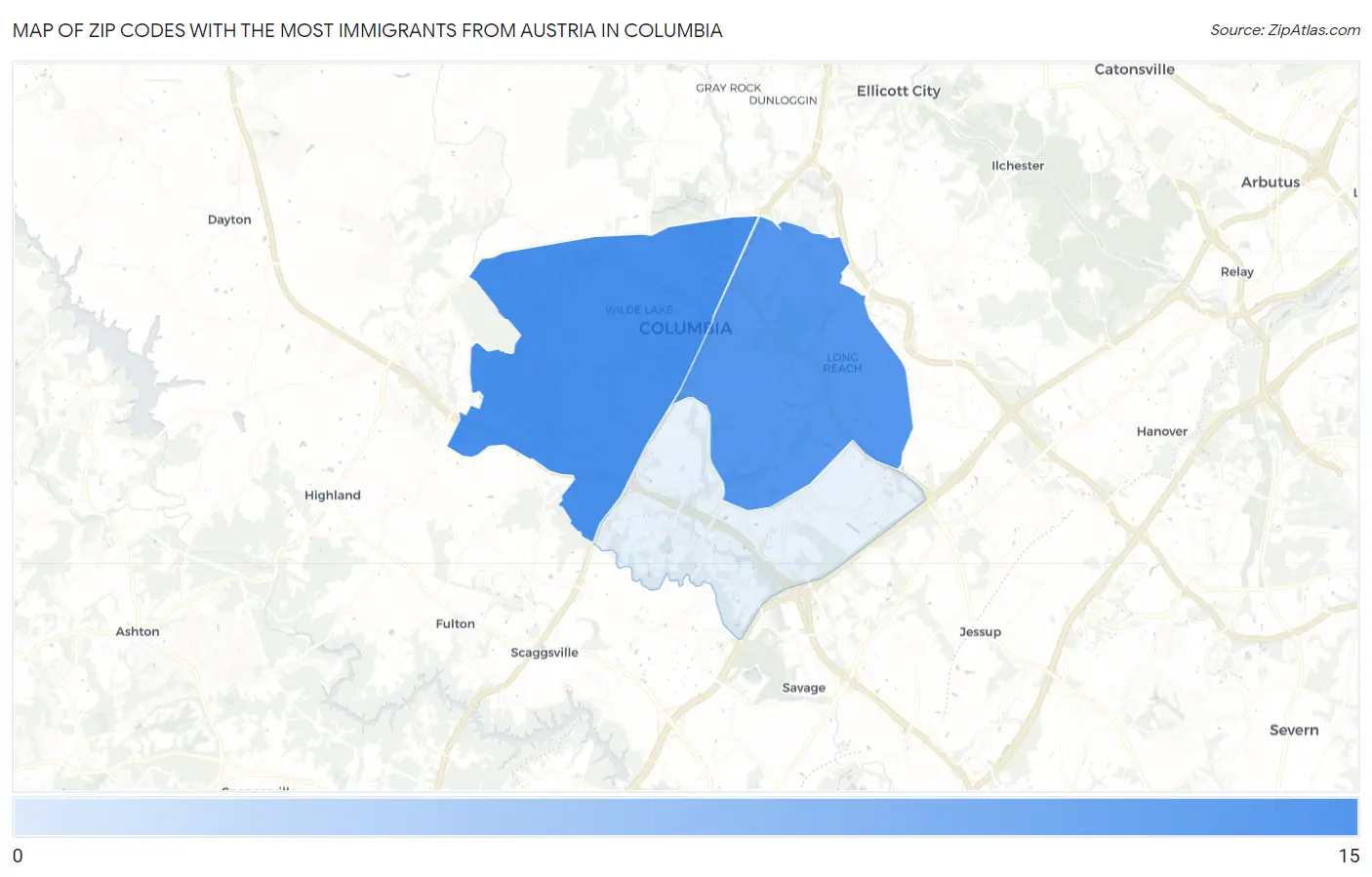 Zip Codes with the Most Immigrants from Austria in Columbia Map