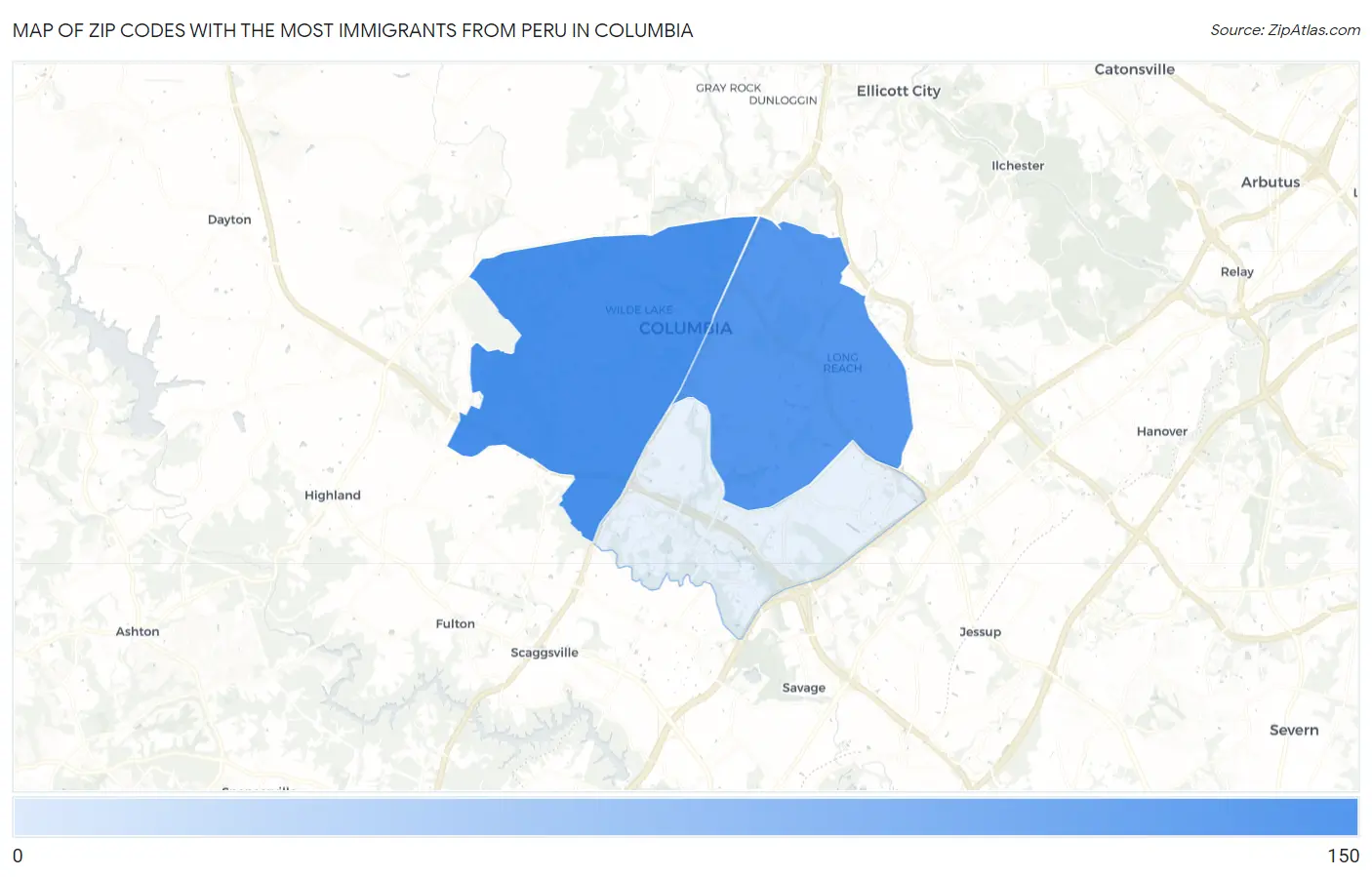 Zip Codes with the Most Immigrants from Peru in Columbia Map