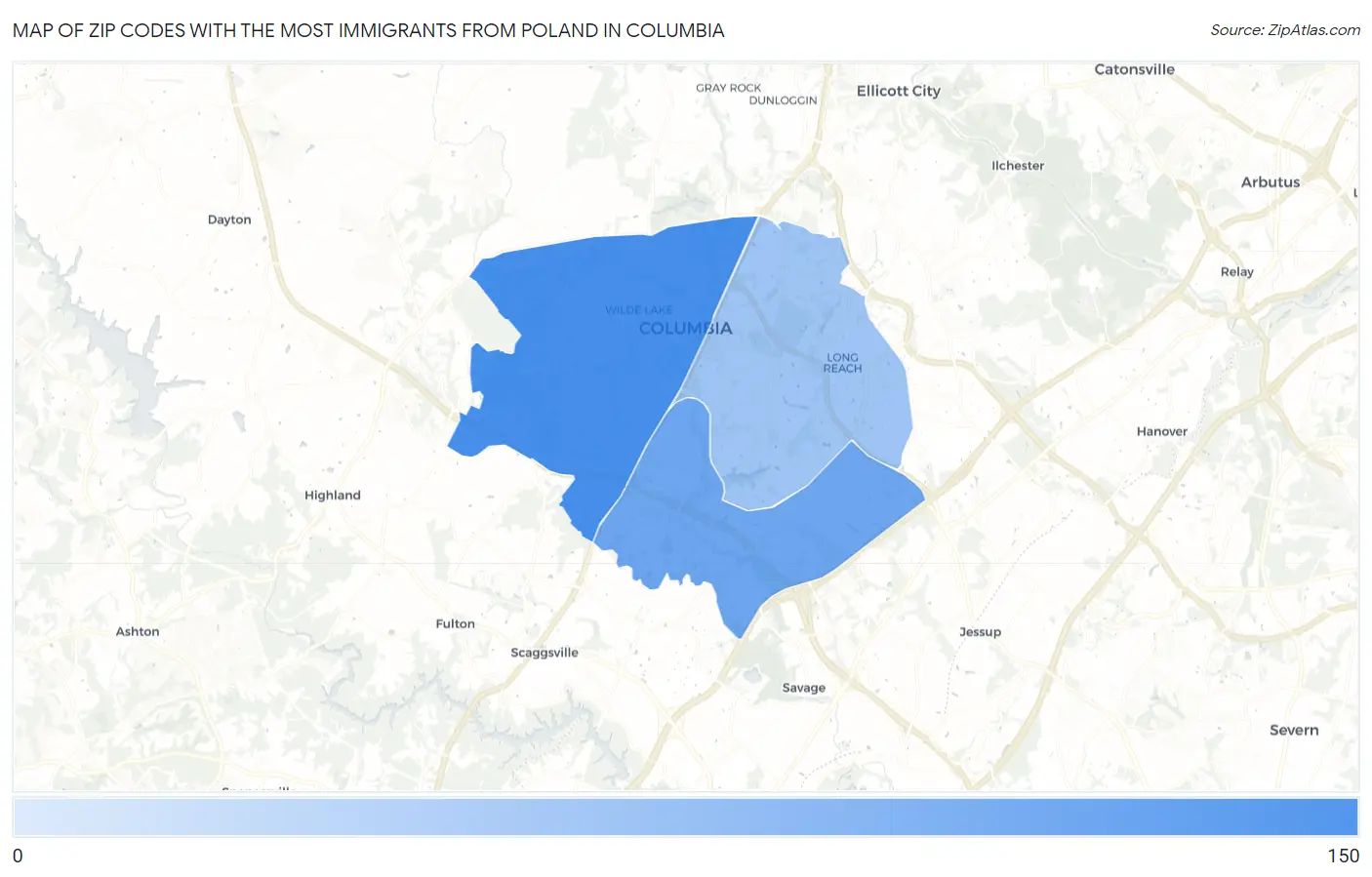 Zip Codes with the Most Immigrants from Poland in Columbia Map