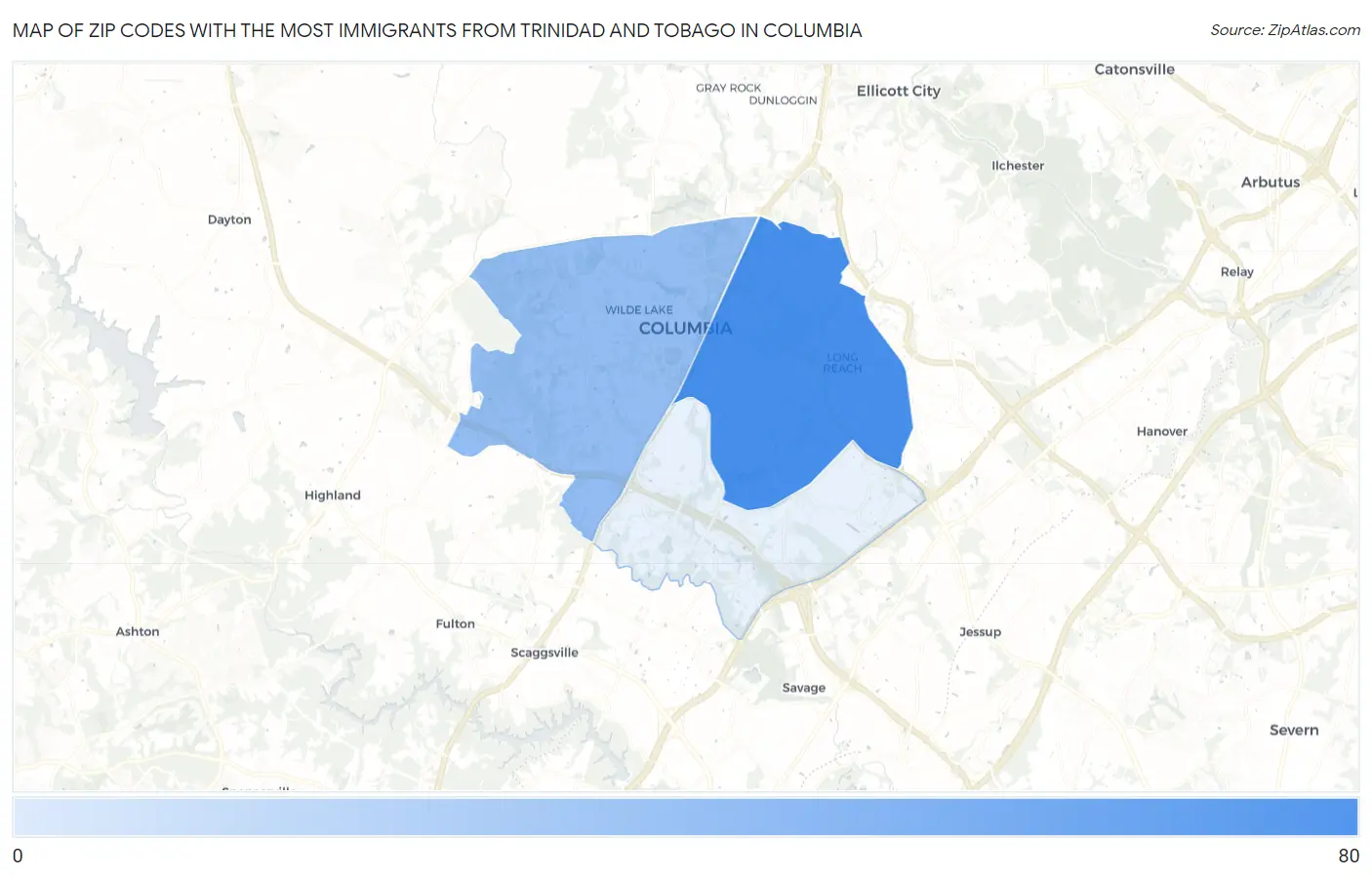 Zip Codes with the Most Immigrants from Trinidad and Tobago in Columbia Map