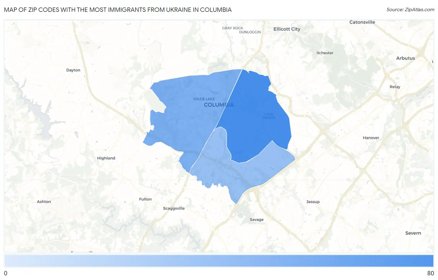 Zip Codes with the Most Immigrants from Ukraine in Columbia Map