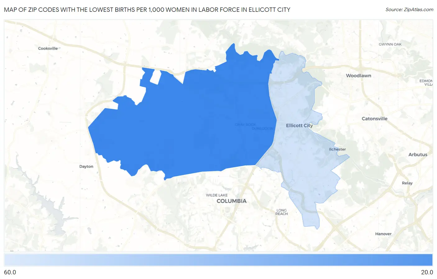 Zip Codes with the Lowest Births per 1,000 Women in Labor Force in Ellicott City Map
