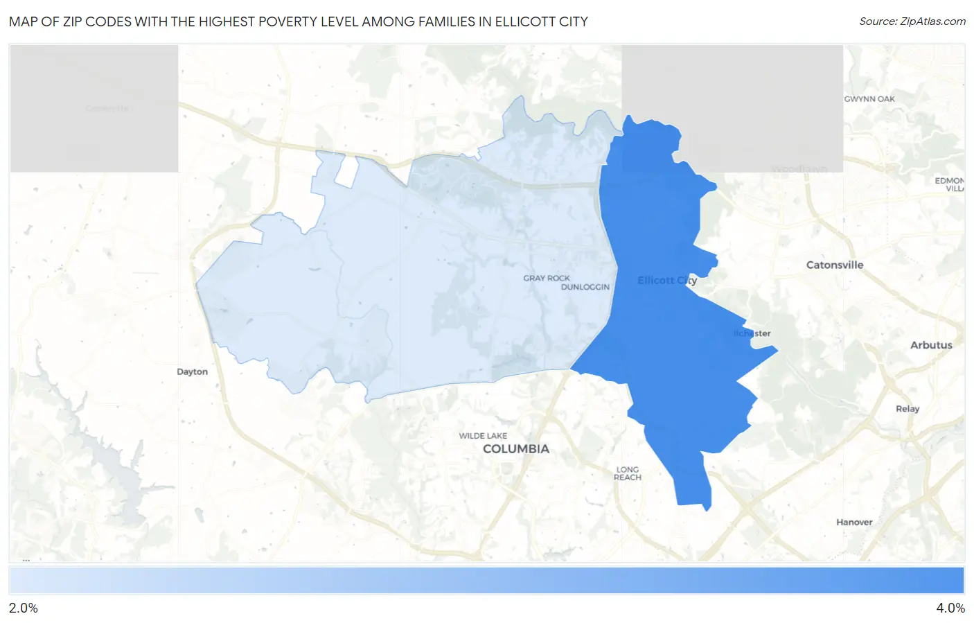 Zip Codes with the Highest Poverty Level Among Families in Ellicott City Map