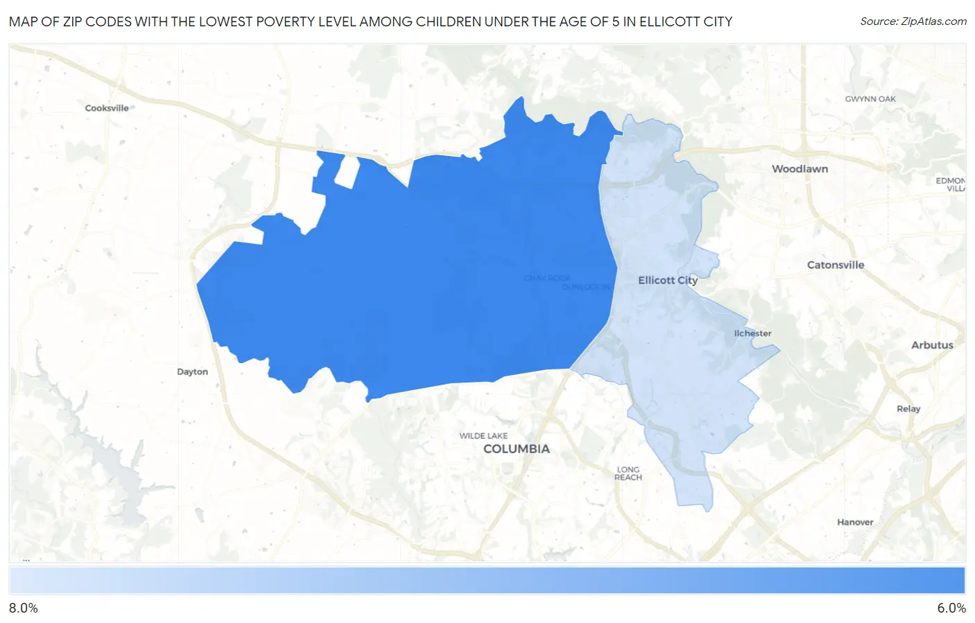 Zip Codes with the Lowest Poverty Level Among Children Under the Age of 5 in Ellicott City Map