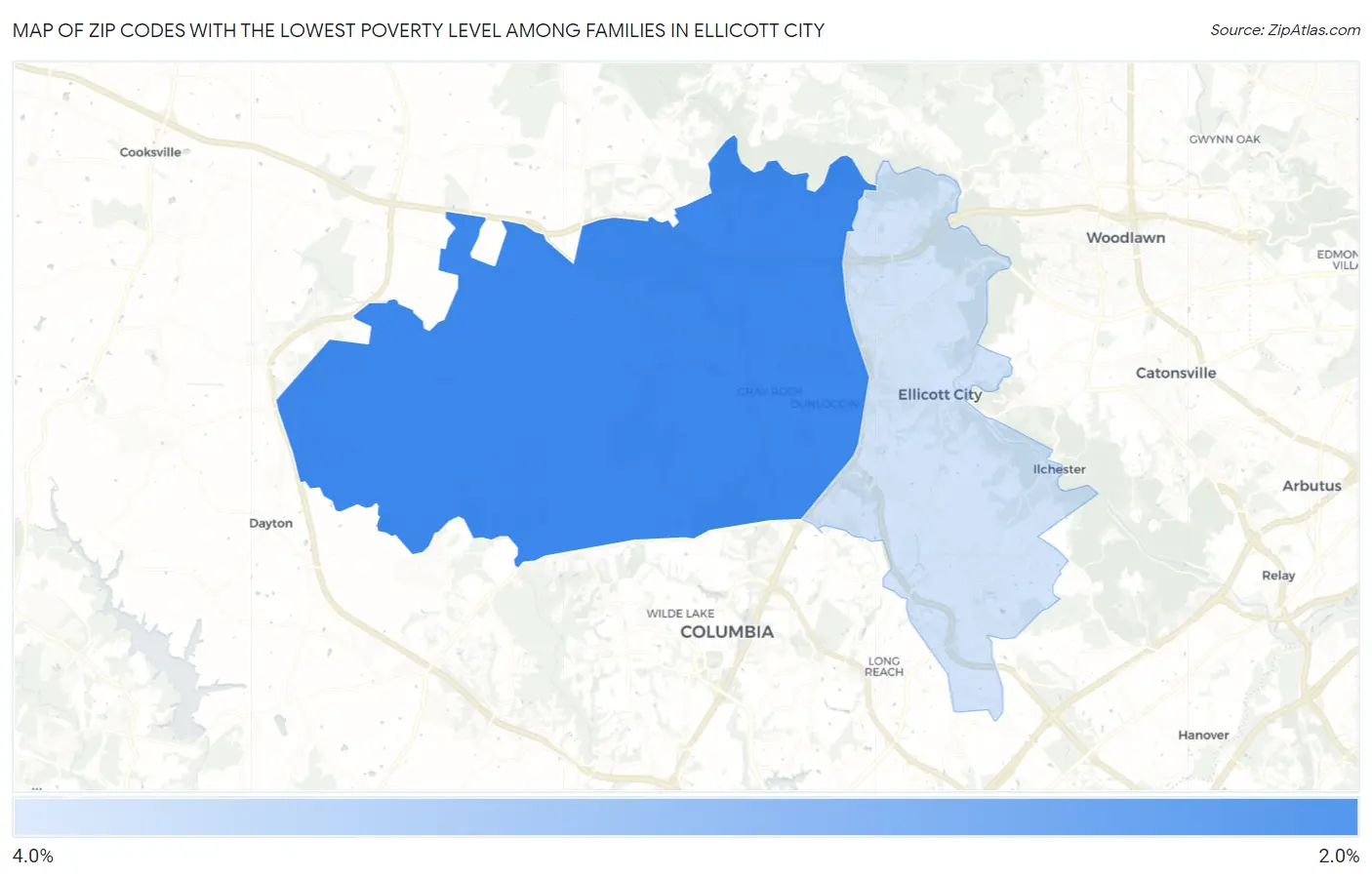 Zip Codes with the Lowest Poverty Level Among Families in Ellicott City Map