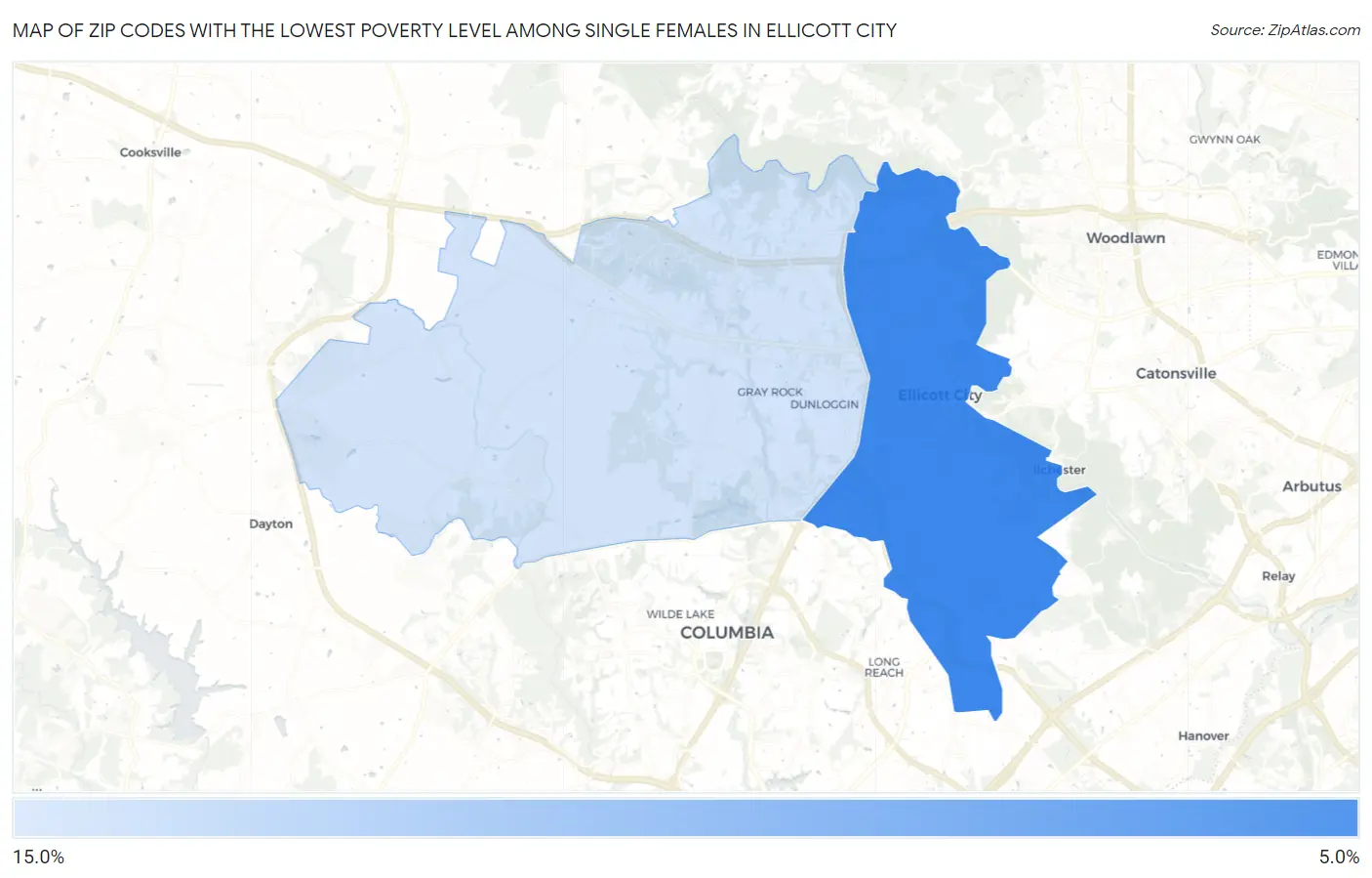 Zip Codes with the Lowest Poverty Level Among Single Females in Ellicott City Map