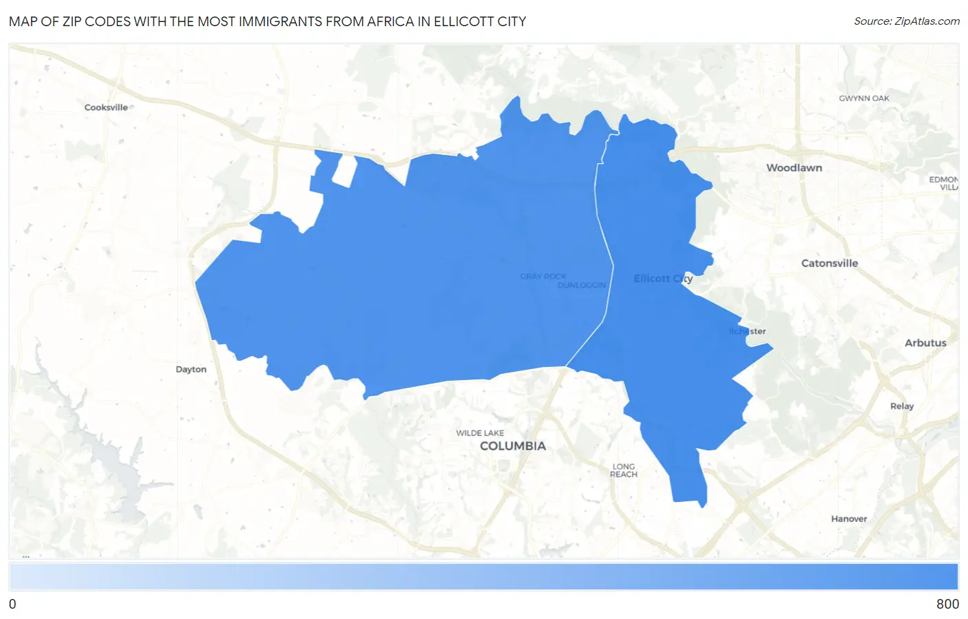 Zip Codes with the Most Immigrants from Africa in Ellicott City Map
