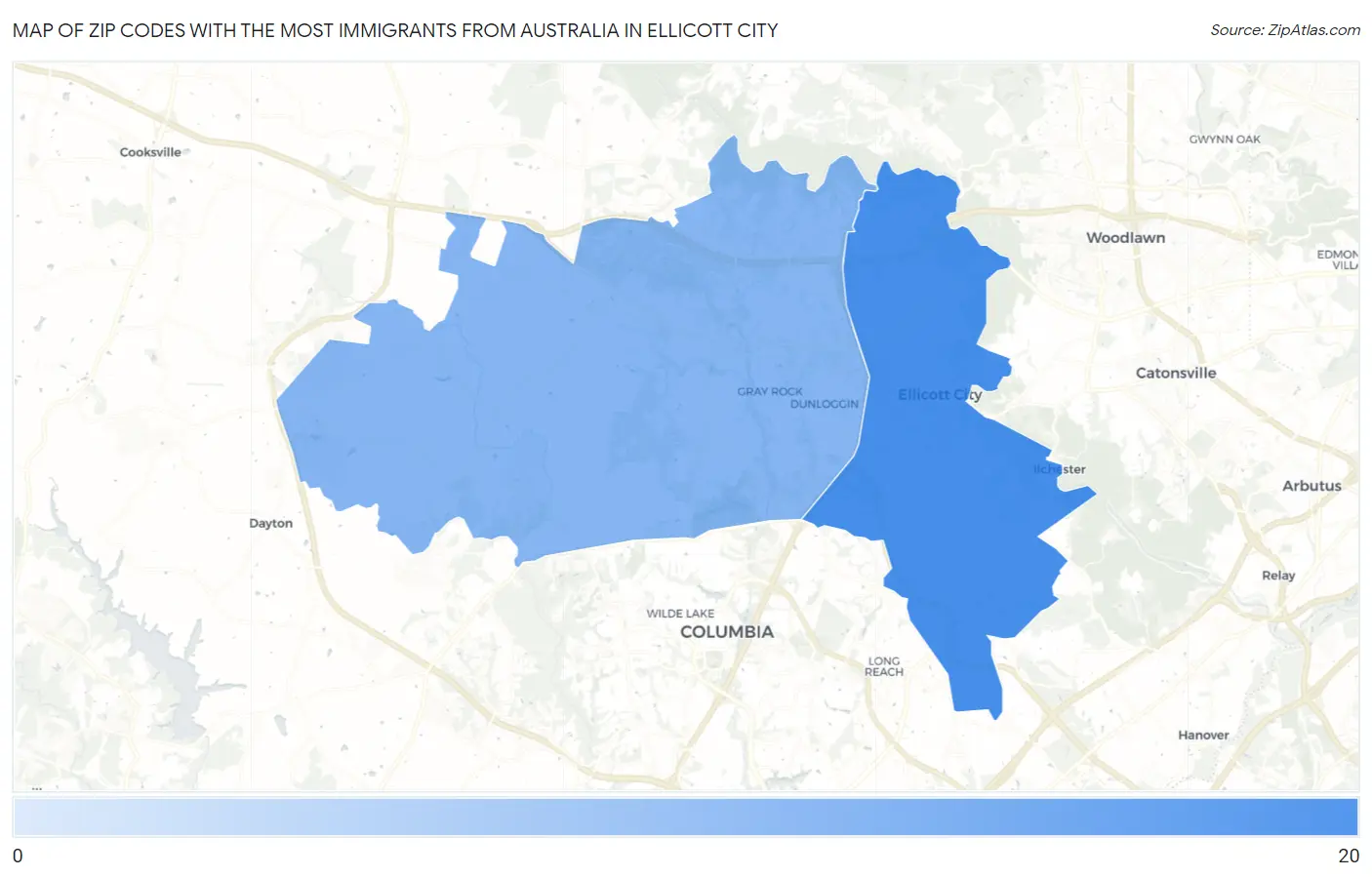 Zip Codes with the Most Immigrants from Australia in Ellicott City Map