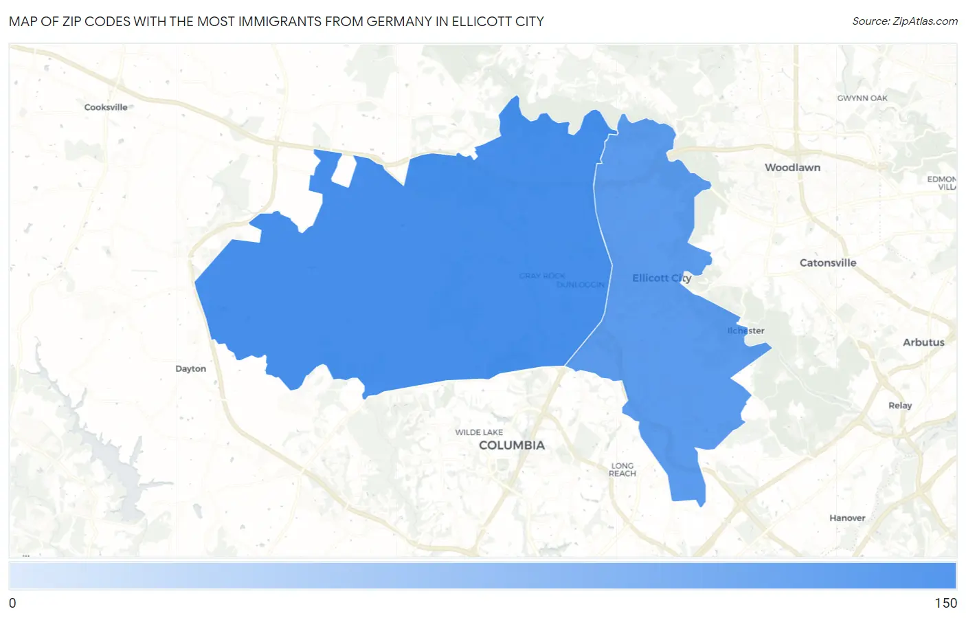 Zip Codes with the Most Immigrants from Germany in Ellicott City Map