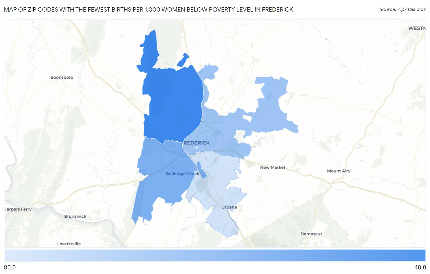 Zip Codes with the Fewest Births per 1,000 Women Below Poverty Level in Frederick Map