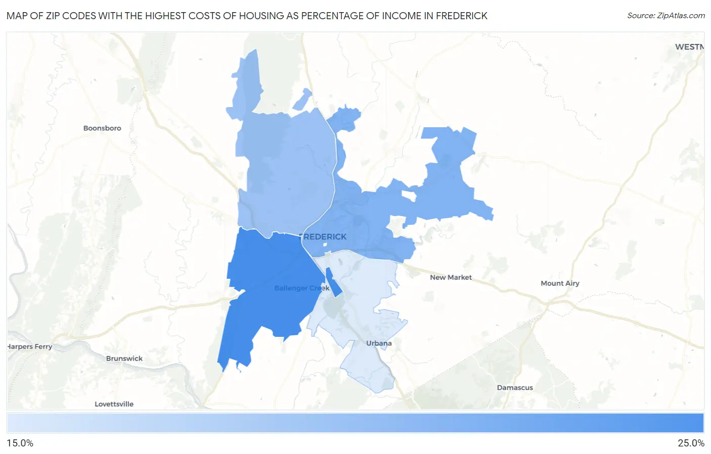 Zip Codes with the Highest Costs of Housing as Percentage of Income in Frederick Map