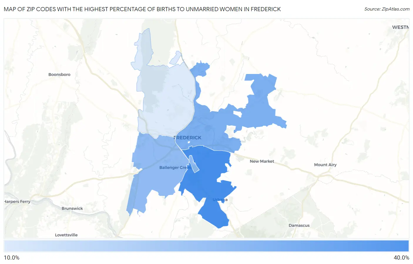 Zip Codes with the Highest Percentage of Births to Unmarried Women in Frederick Map
