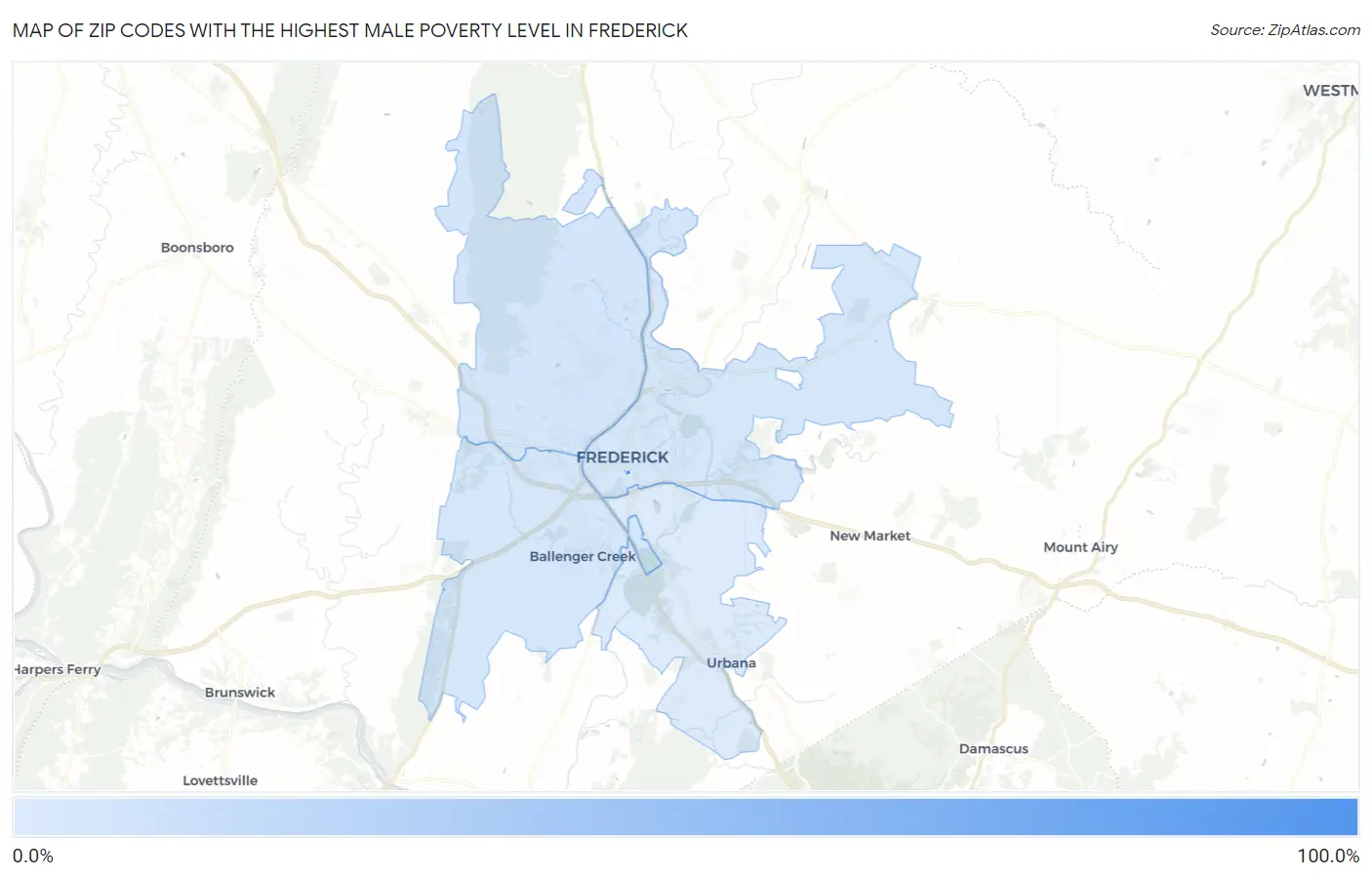 Zip Codes with the Highest Male Poverty Level in Frederick Map
