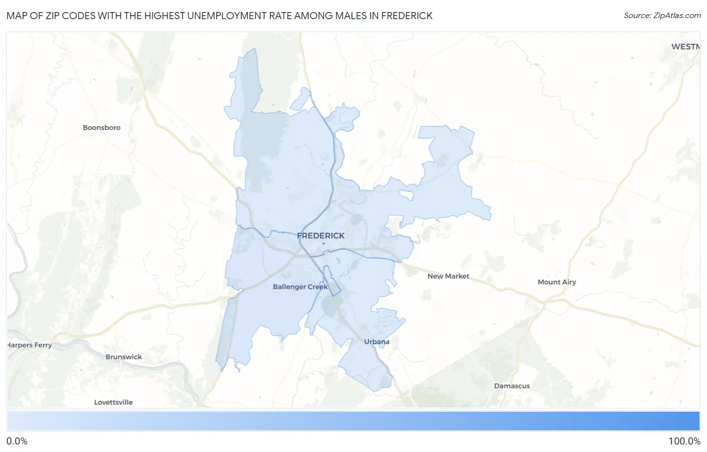 Zip Codes with the Highest Unemployment Rate Among Males in Frederick Map