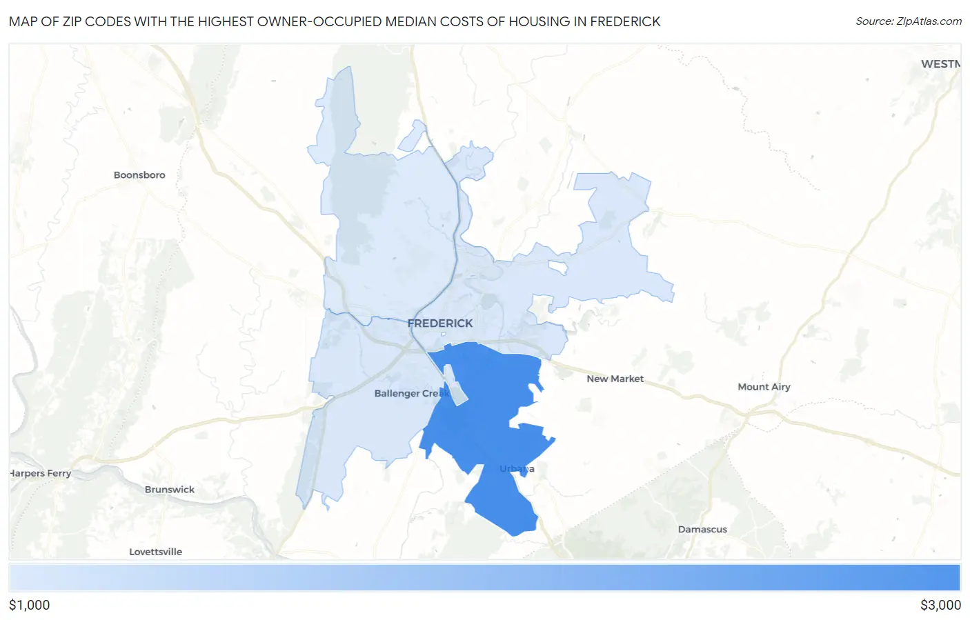 Zip Codes with the Highest Owner-Occupied Median Costs of Housing in Frederick Map