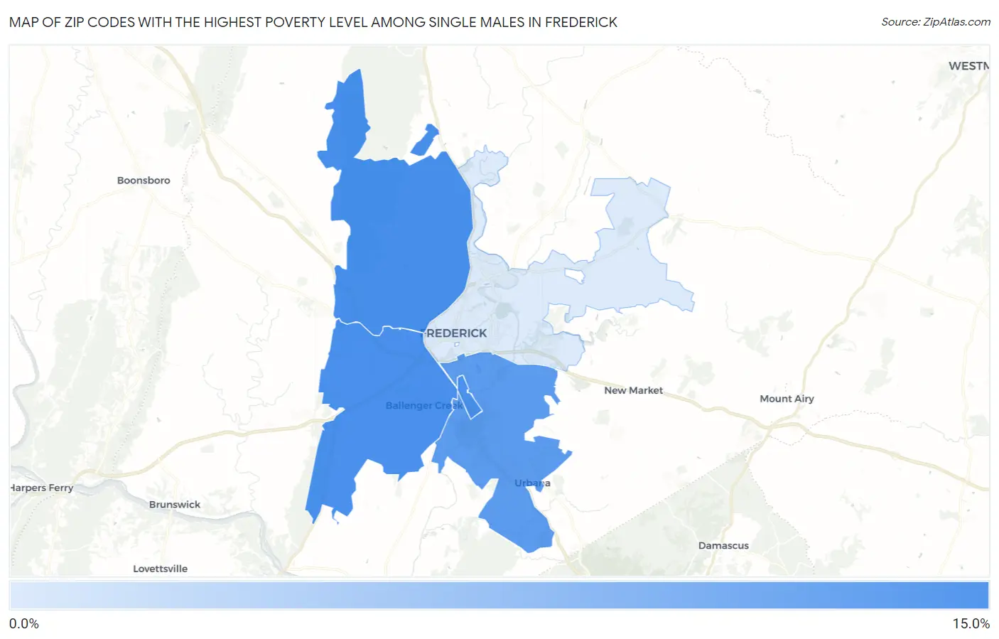 Zip Codes with the Highest Poverty Level Among Single Males in Frederick Map