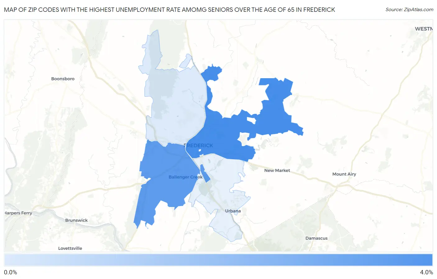 Zip Codes with the Highest Unemployment Rate Amomg Seniors Over the Age of 65 in Frederick Map