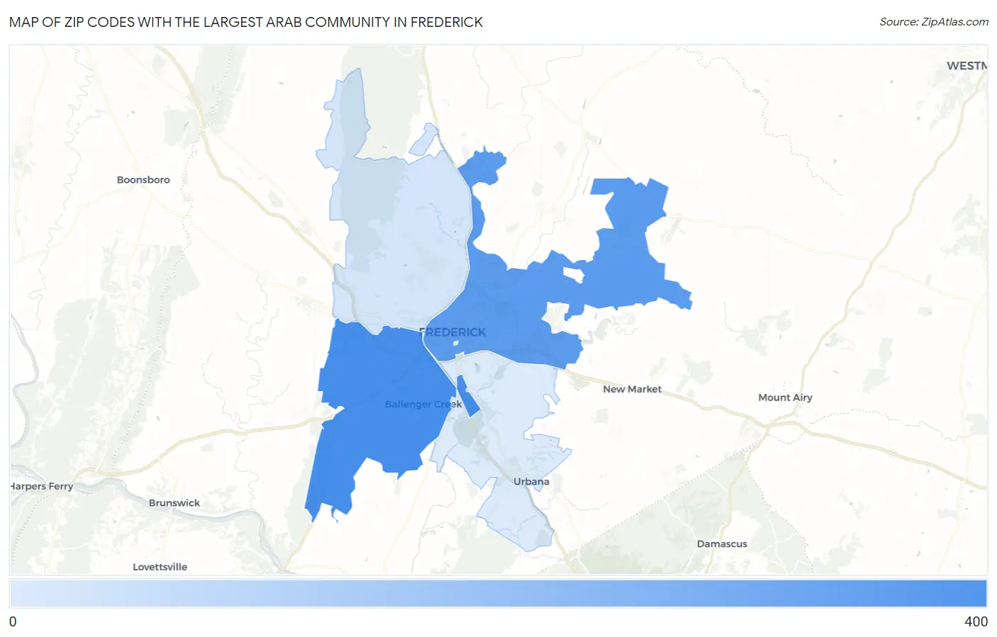 Zip Codes with the Largest Arab Community in Frederick Map