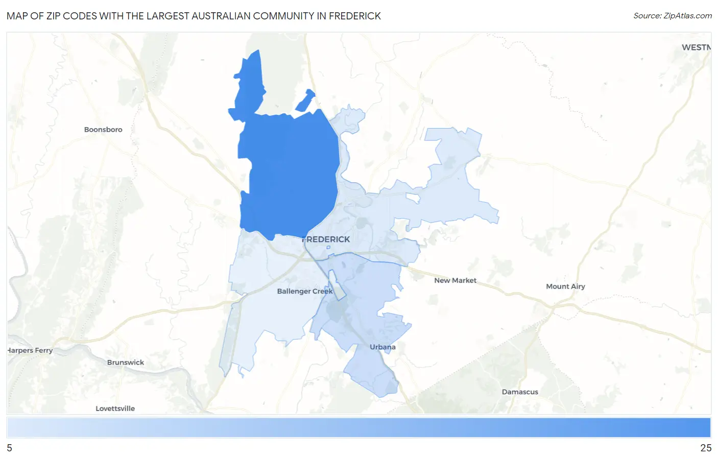 Zip Codes with the Largest Australian Community in Frederick Map