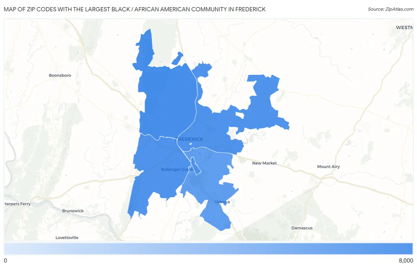 Zip Codes with the Largest Black / African American Community in Frederick Map