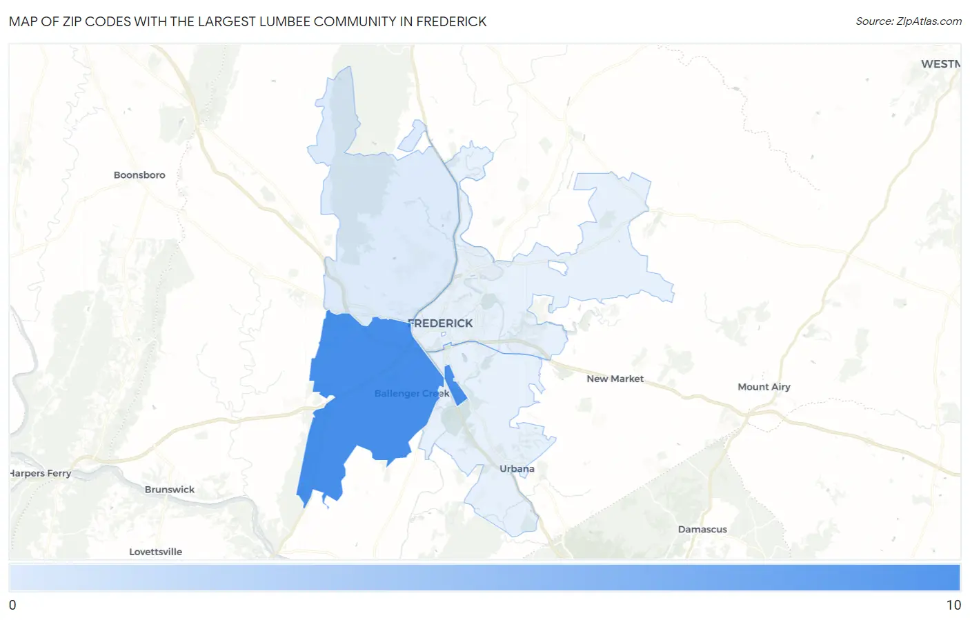 Zip Codes with the Largest Lumbee Community in Frederick Map