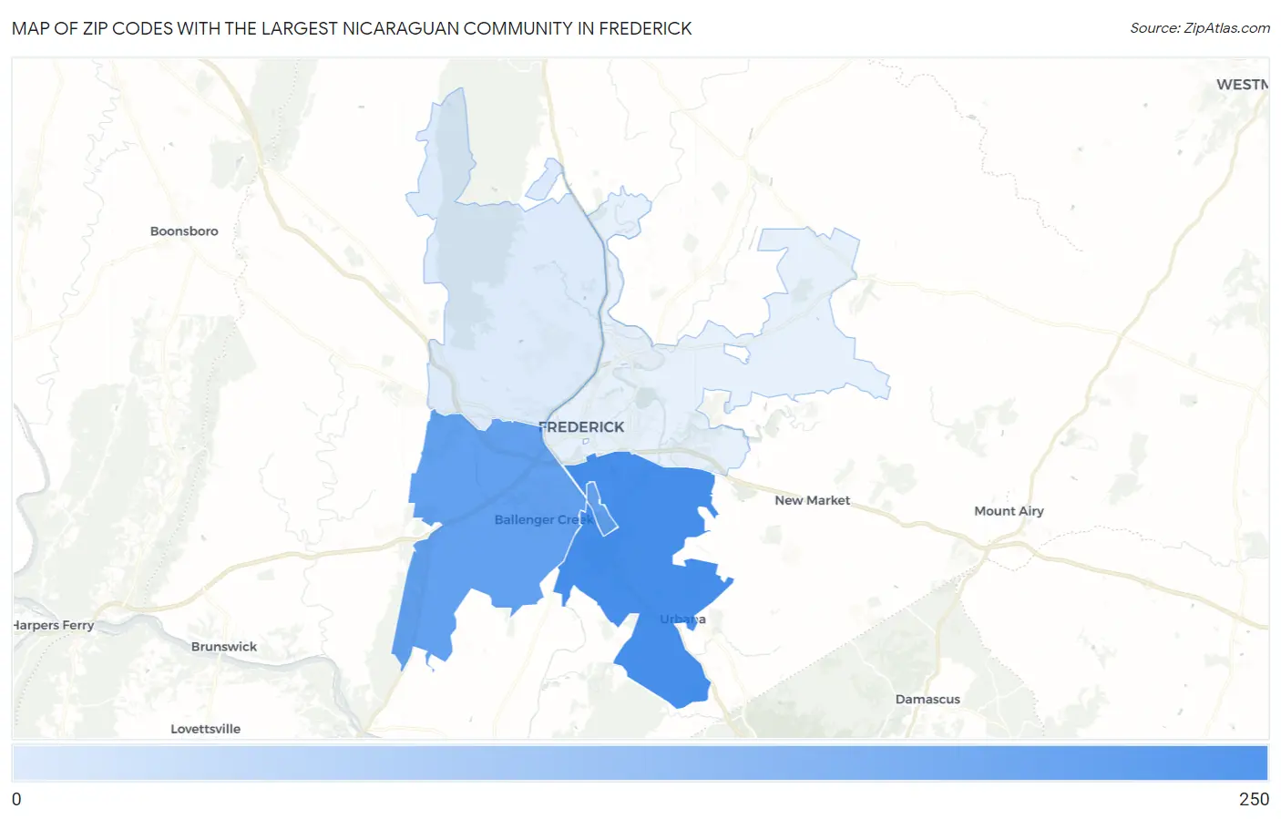 Zip Codes with the Largest Nicaraguan Community in Frederick Map