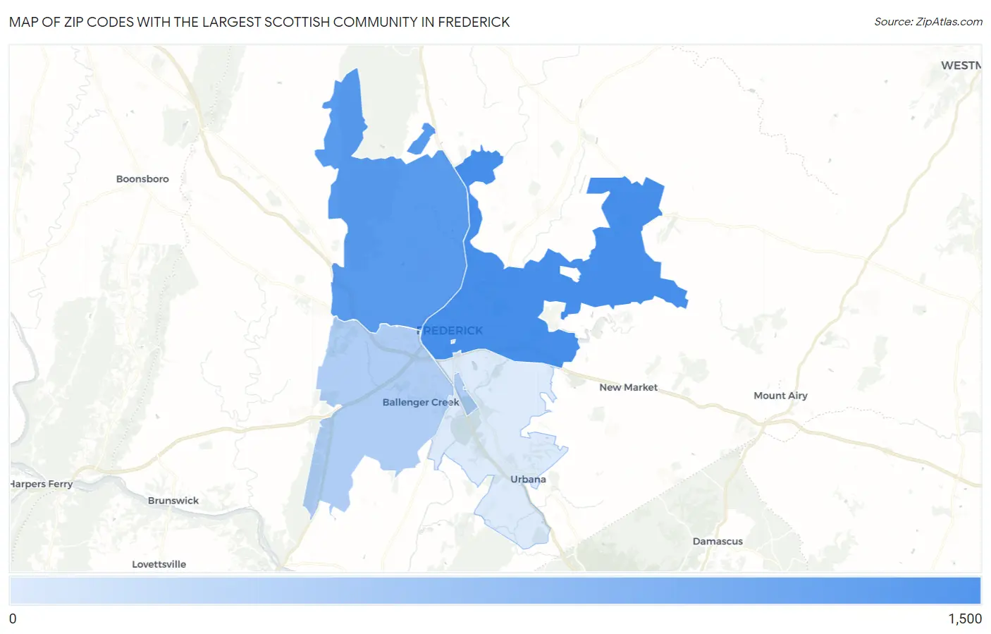 Zip Codes with the Largest Scottish Community in Frederick Map