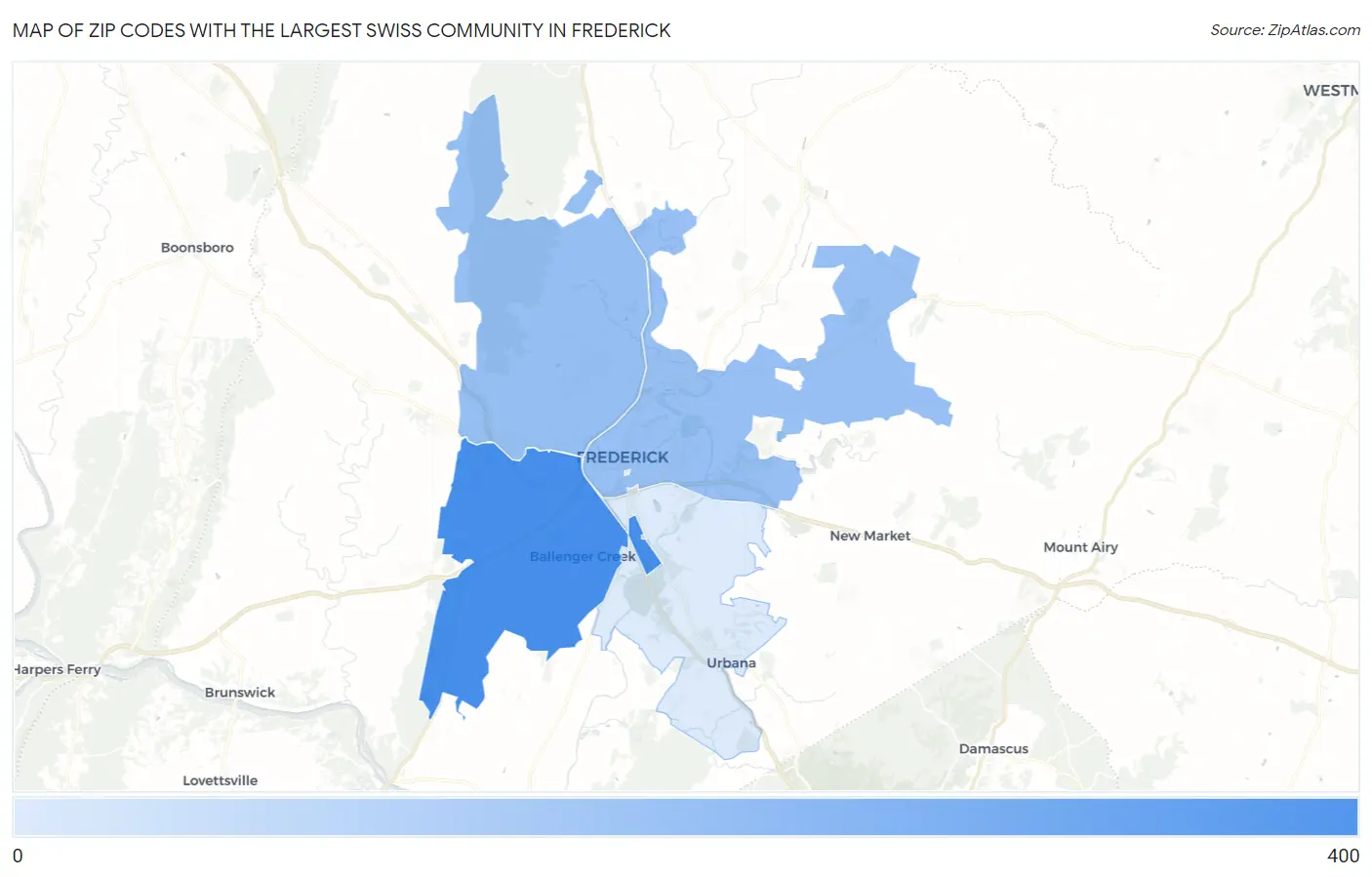 Zip Codes with the Largest Swiss Community in Frederick Map