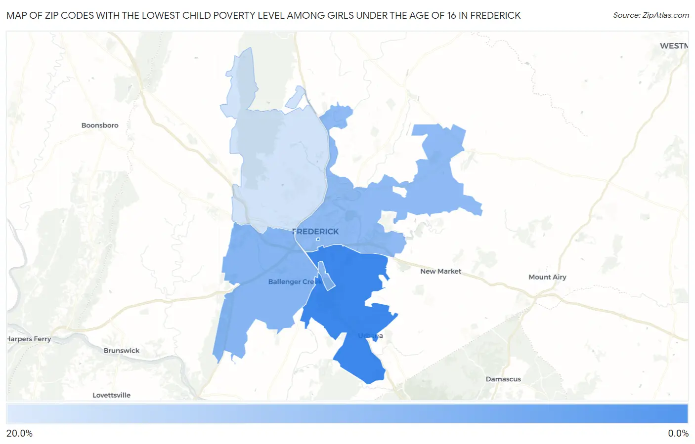 Zip Codes with the Lowest Child Poverty Level Among Girls Under the Age of 16 in Frederick Map