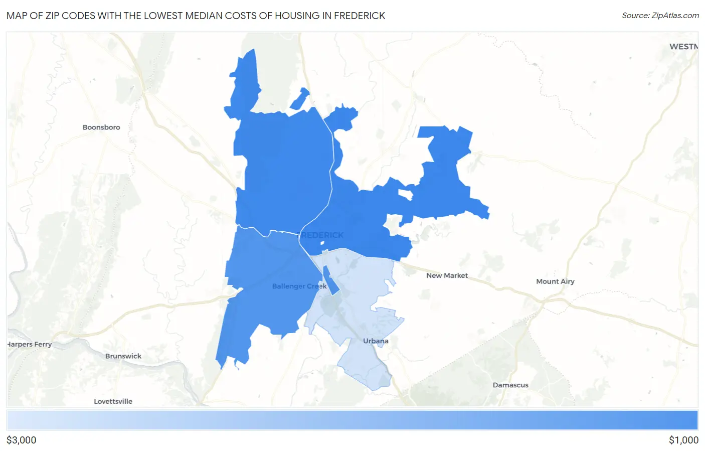 Zip Codes with the Lowest Median Costs of Housing in Frederick Map