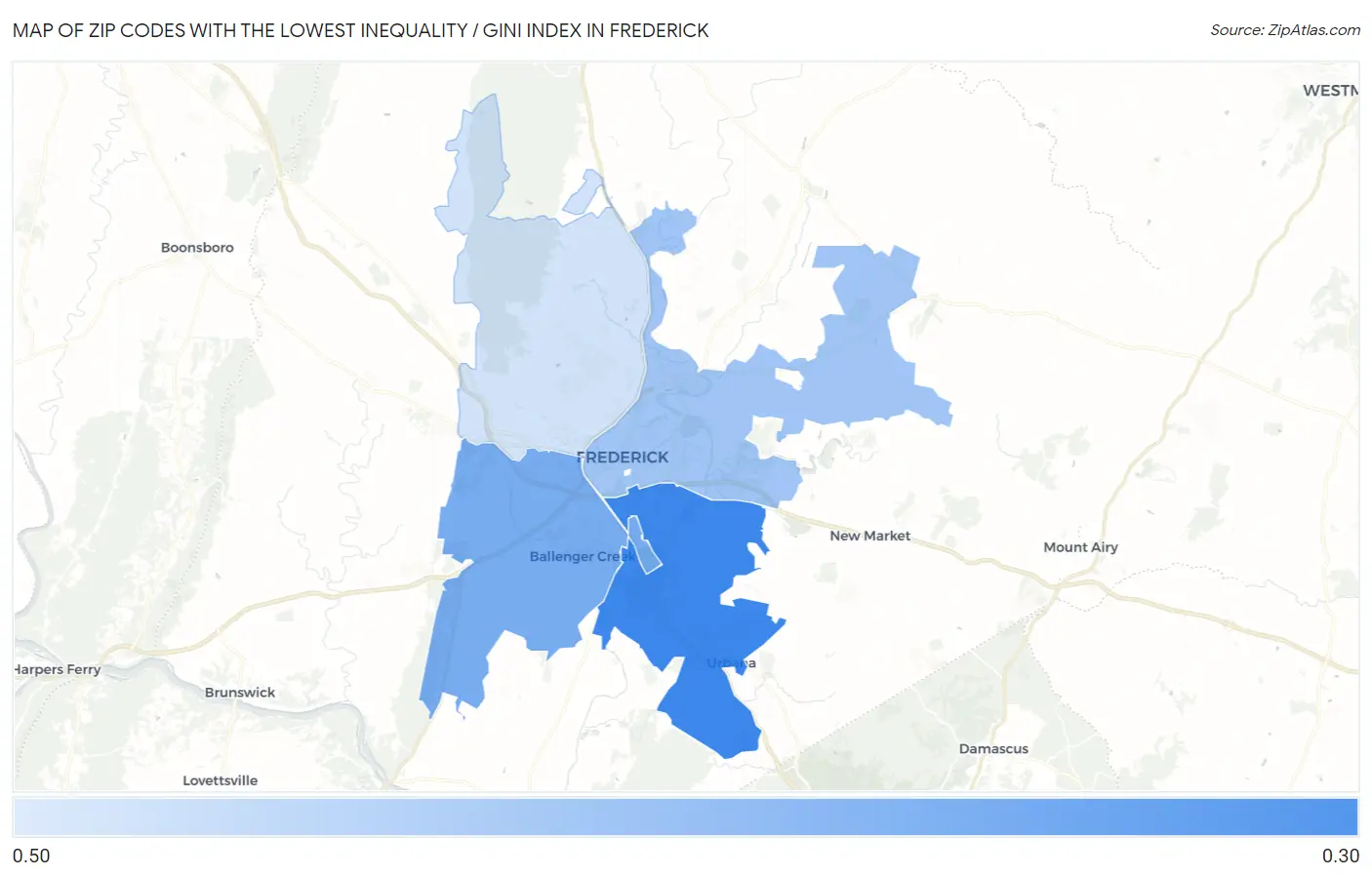 Zip Codes with the Lowest Inequality / Gini Index in Frederick Map
