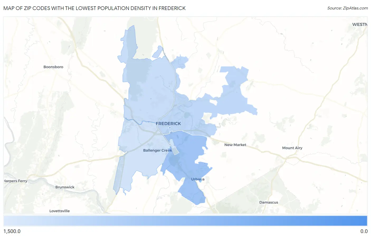 Zip Codes with the Lowest Population Density in Frederick Map