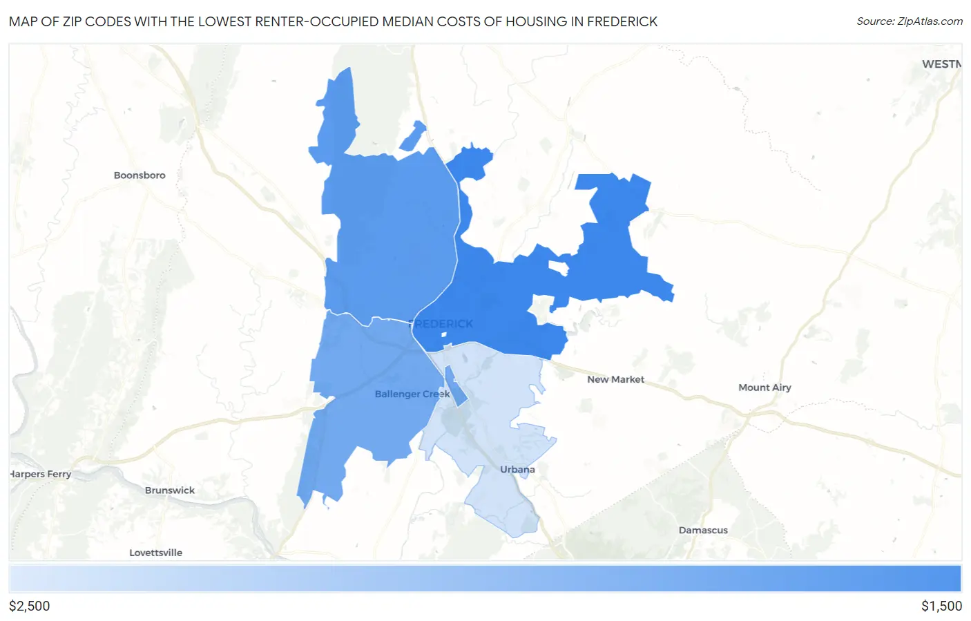 Zip Codes with the Lowest Renter-Occupied Median Costs of Housing in Frederick Map