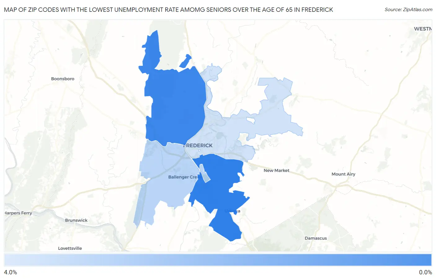 Zip Codes with the Lowest Unemployment Rate Amomg Seniors Over the Age of 65 in Frederick Map