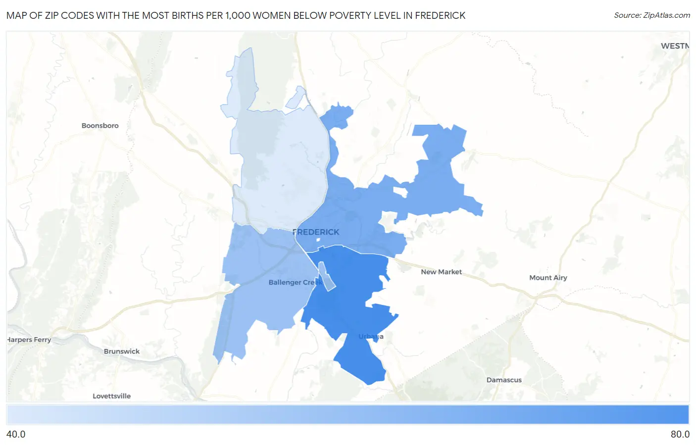 Zip Codes with the Most Births per 1,000 Women Below Poverty Level in Frederick Map