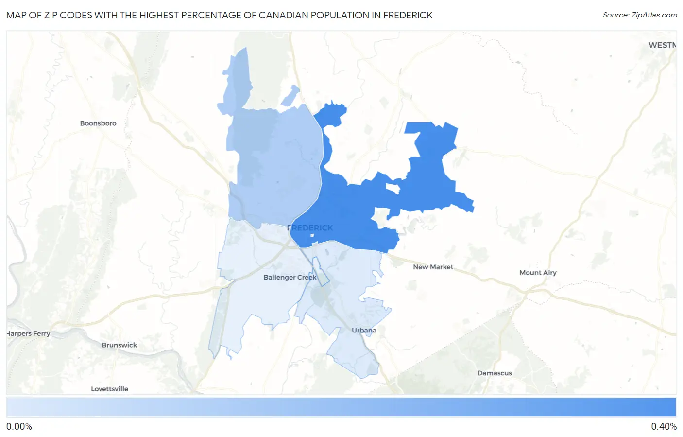 Zip Codes with the Highest Percentage of Canadian Population in Frederick Map