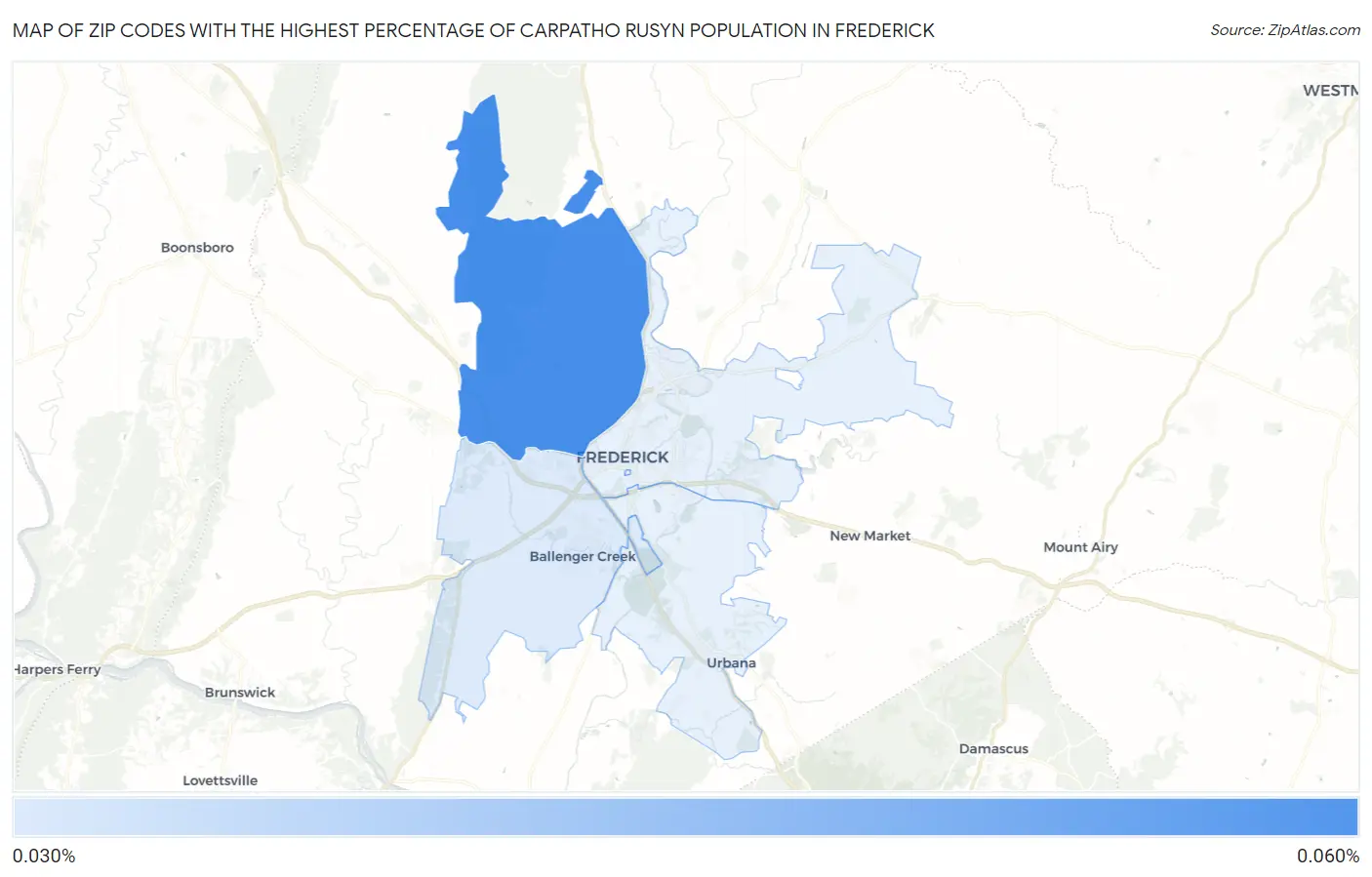 Zip Codes with the Highest Percentage of Carpatho Rusyn Population in Frederick Map