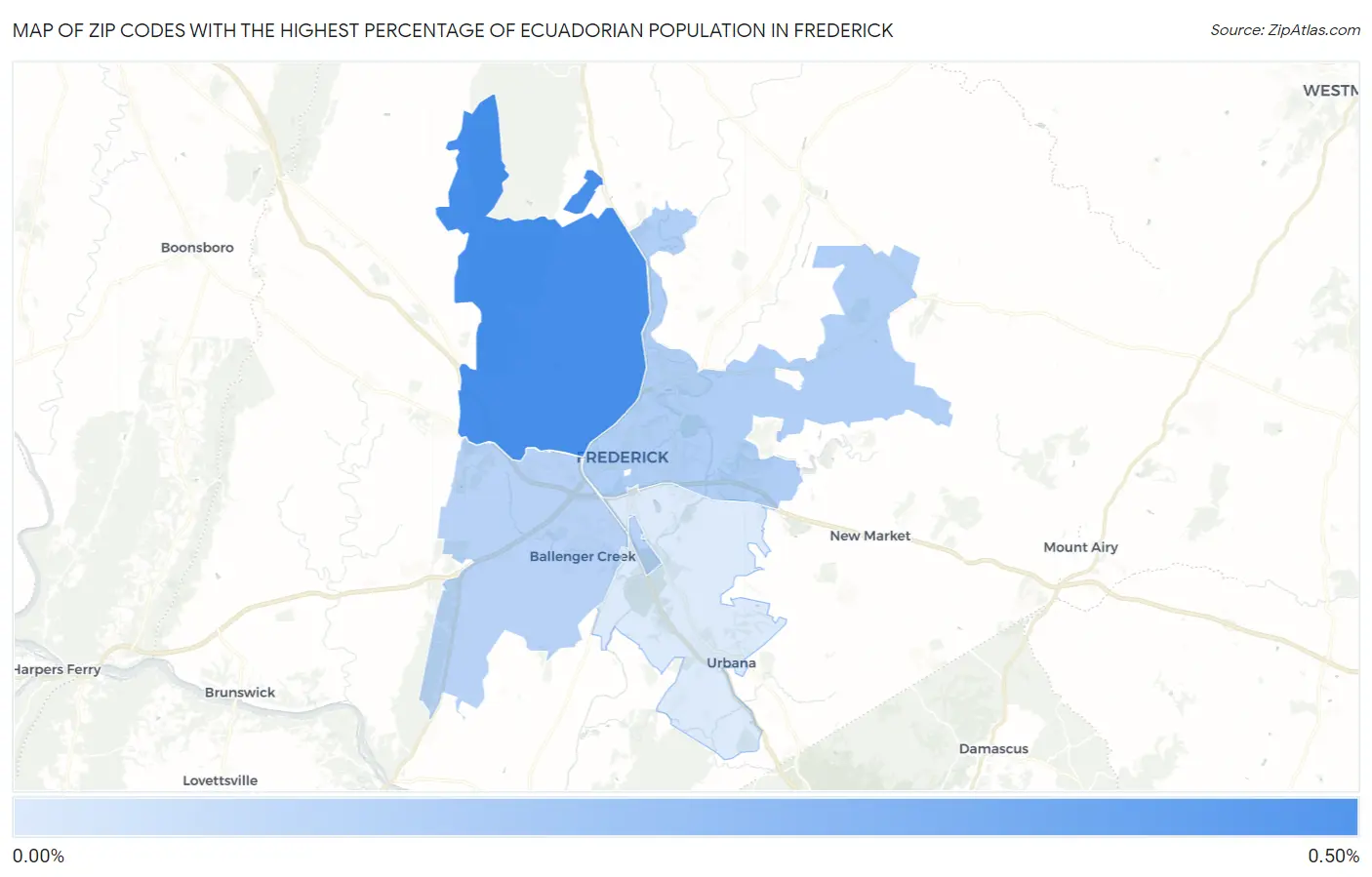 Zip Codes with the Highest Percentage of Ecuadorian Population in Frederick Map