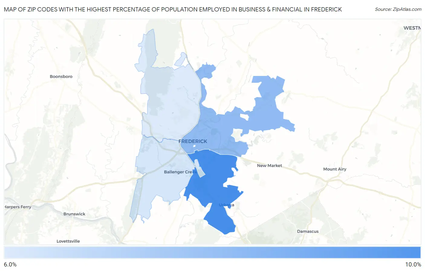 Zip Codes with the Highest Percentage of Population Employed in Business & Financial in Frederick Map