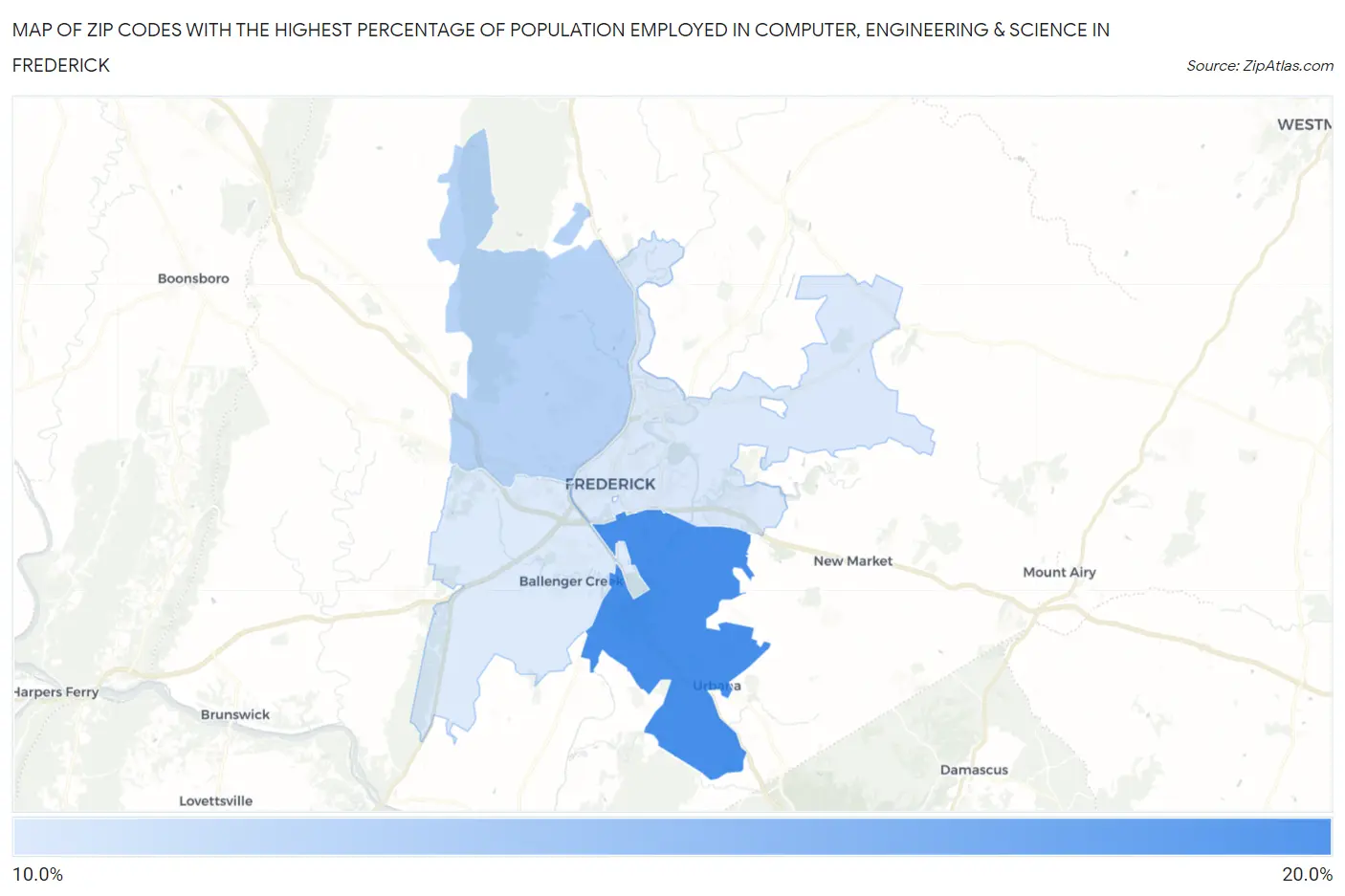 Zip Codes with the Highest Percentage of Population Employed in Computer, Engineering & Science in Frederick Map