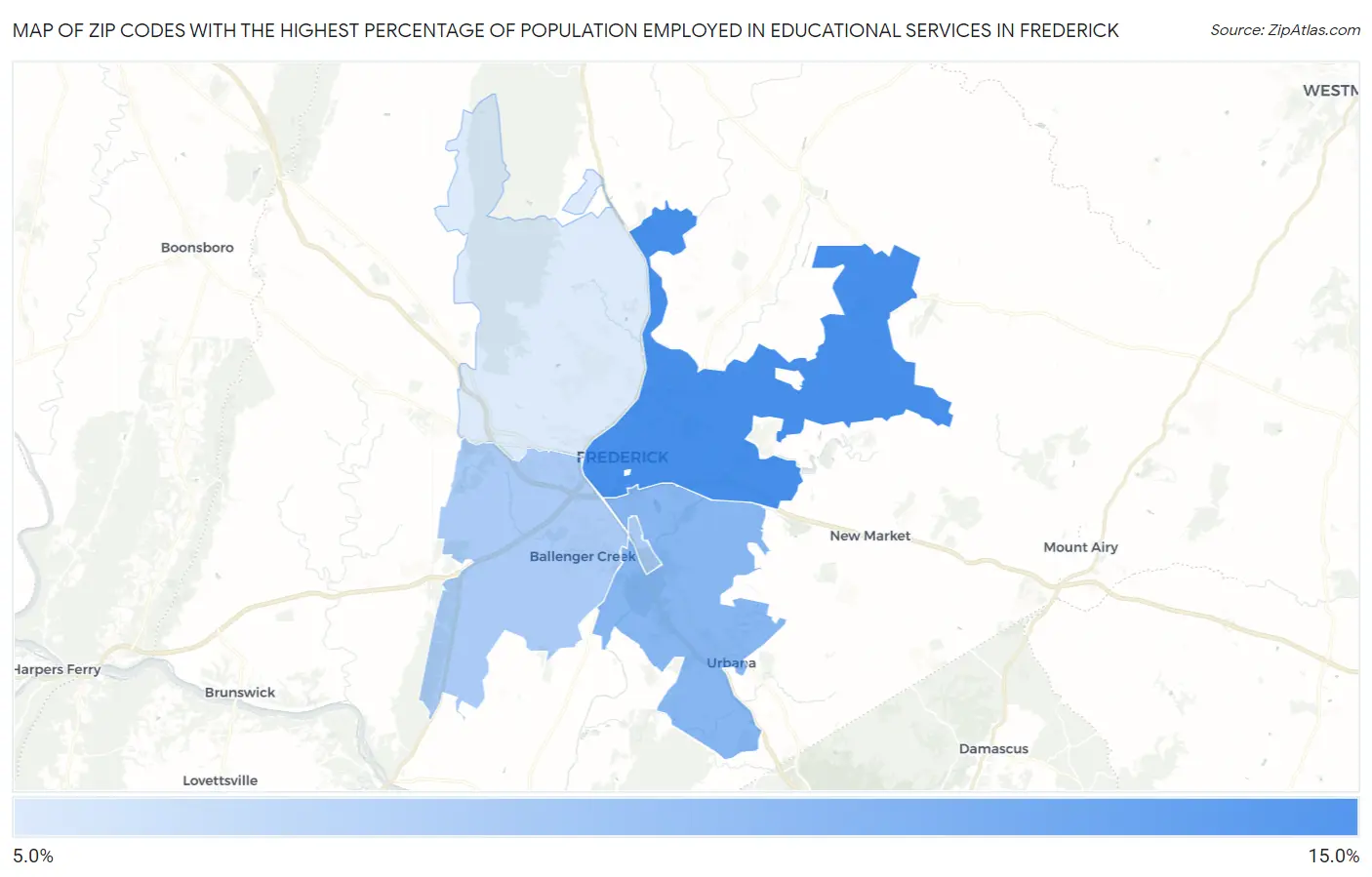 Zip Codes with the Highest Percentage of Population Employed in Educational Services in Frederick Map