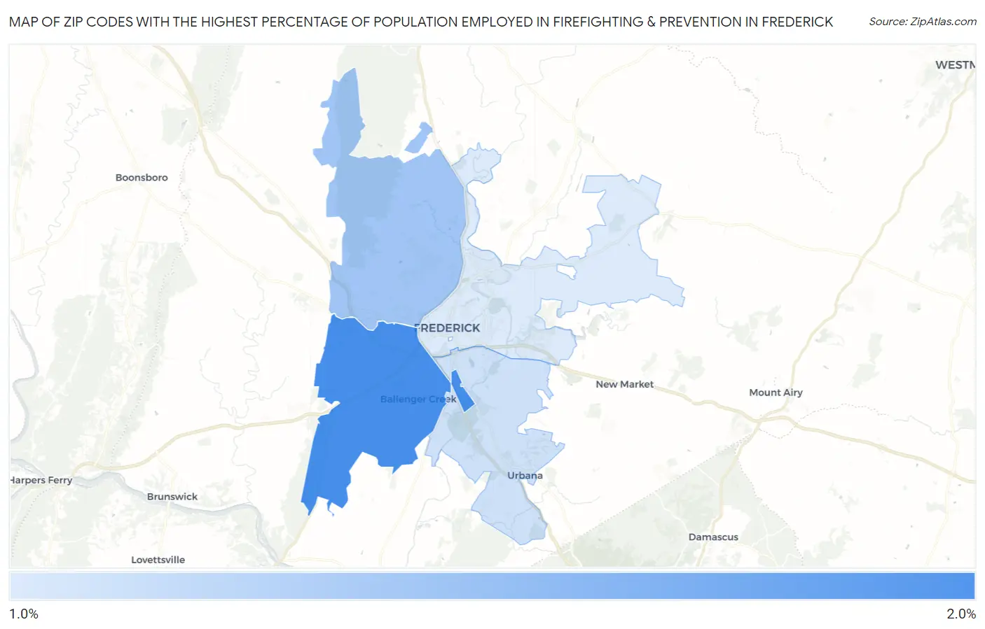 Zip Codes with the Highest Percentage of Population Employed in Firefighting & Prevention in Frederick Map
