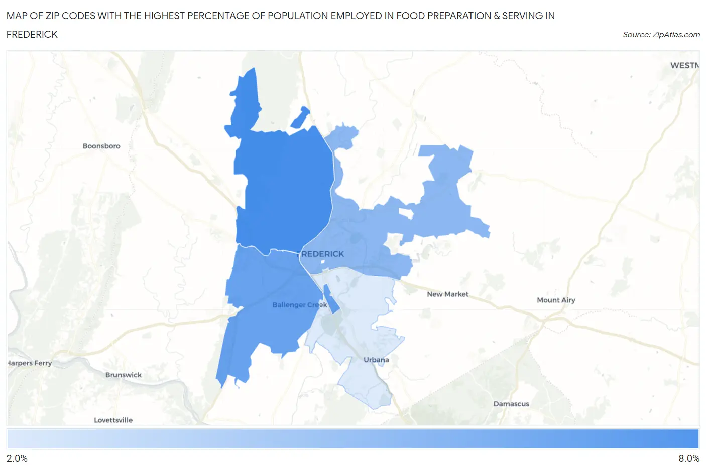 Zip Codes with the Highest Percentage of Population Employed in Food Preparation & Serving in Frederick Map