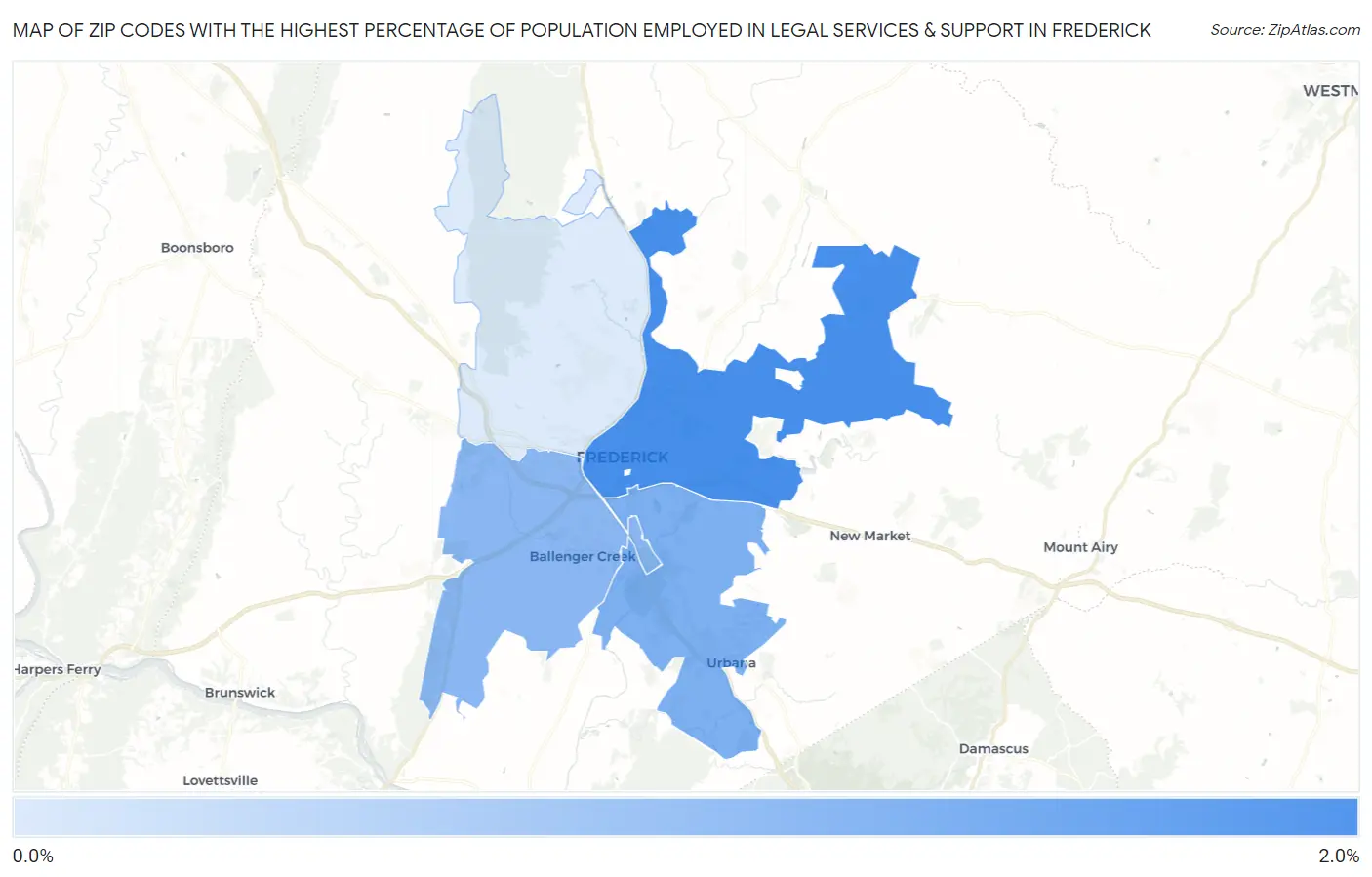 Zip Codes with the Highest Percentage of Population Employed in Legal Services & Support in Frederick Map